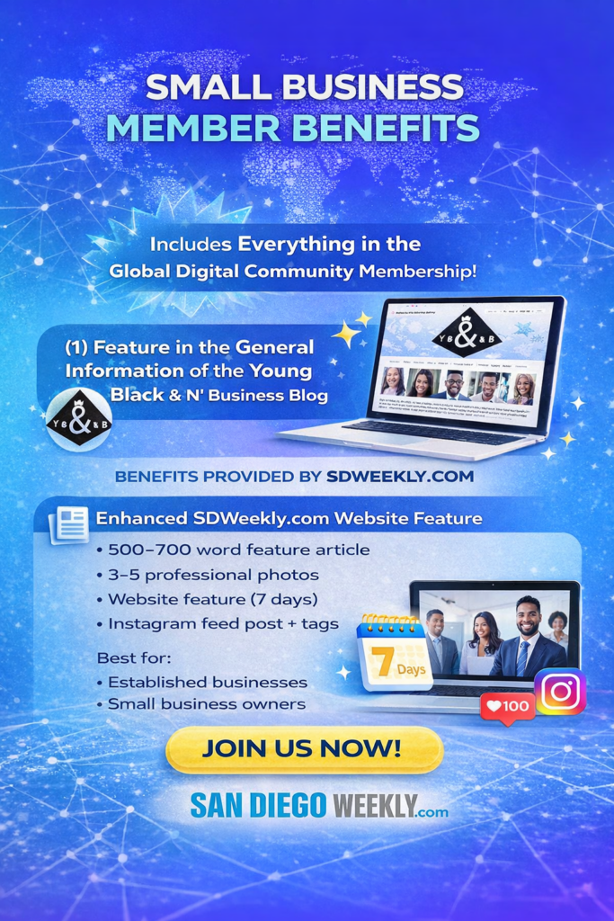 Small Business Member Benefits infographic featuring Young Black & N' Business and San Diego Weekly partnership